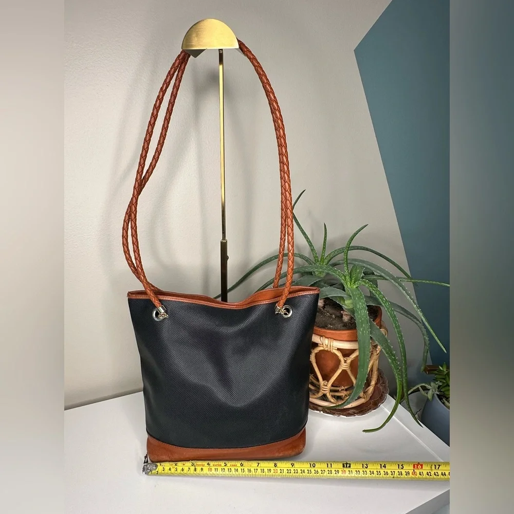 Vintage Bottega Veneta Bucket Bag Black Canvas Cognac Leather Braid Italy Made - Picture 9 of 12